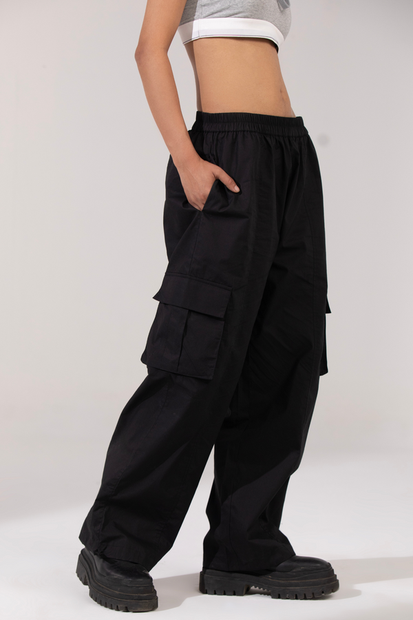 Bold Black-Utility Cargo Parachute Pants