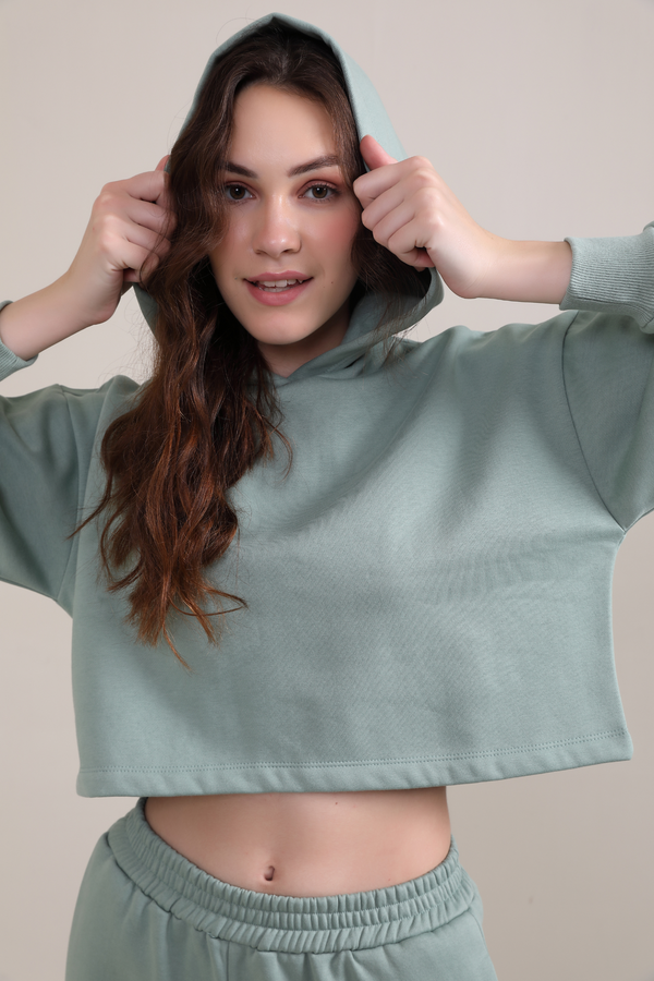 Crop Hoodie-Granite Green