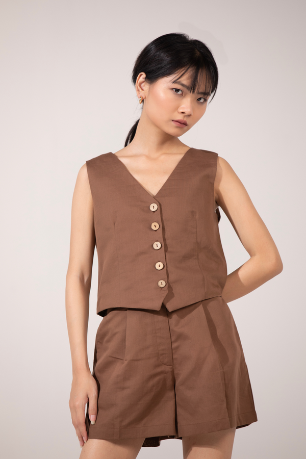 Casey Linen Vest Co-Ord: Brown