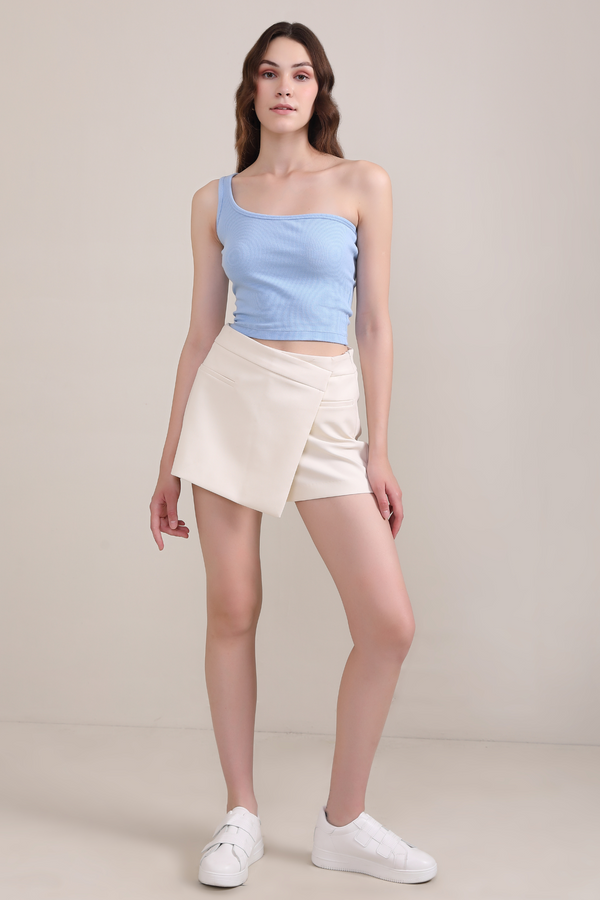 One Shoulder Ribbed Top- Powder Blue