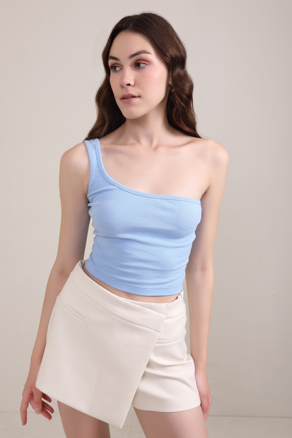 One Shoulder Ribbed Top- Powder Blue