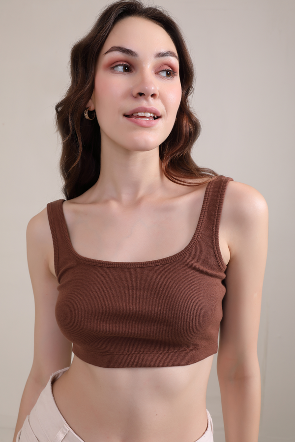 Ribbed Vest Tank Top- Brown