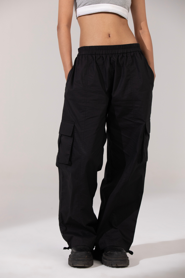 Bold Black-Utility Cargo Parachute Pants