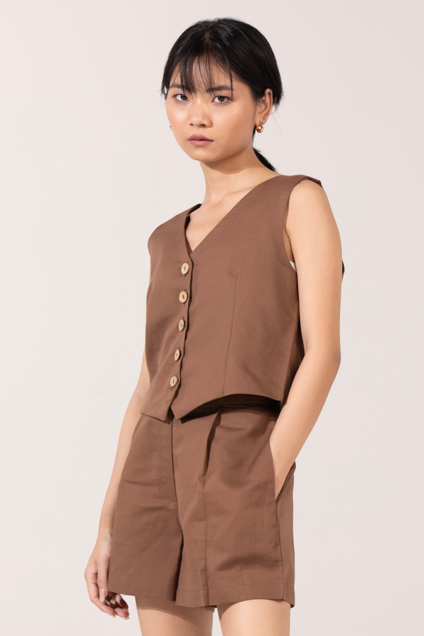 Casey Linen Vest Co-Ord: Brown