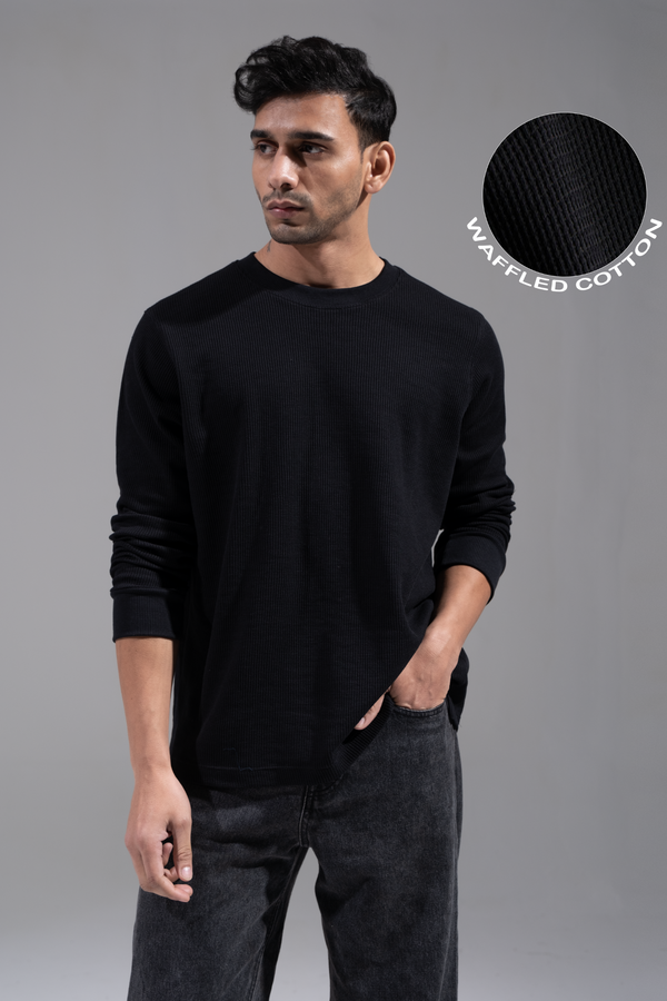 Waffle Long Sleeve T-Shirt - Black