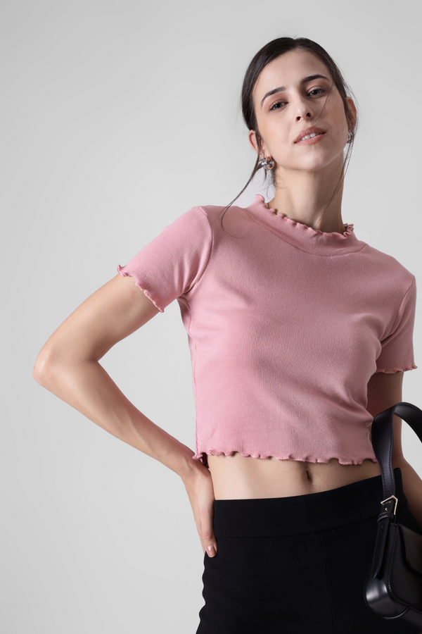 Salmon Pink-  Lettuce trim Ribbed crop tee